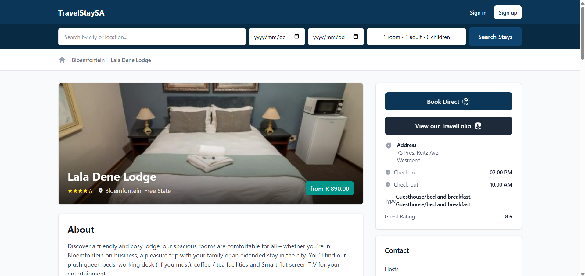 Travel Stay Sa website screenshot